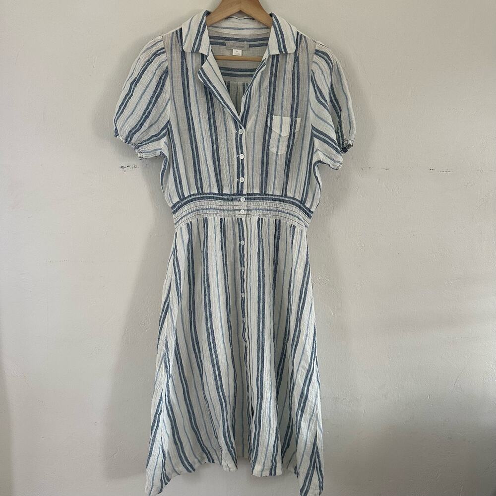 Outerknown Short Sleeve Collared Knee Length Stripe Dress Elastic Waist‎ Small